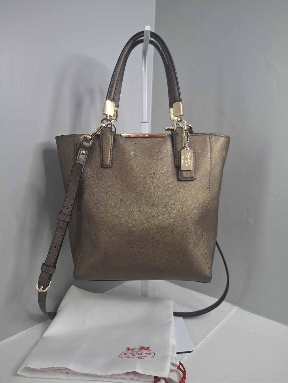 Coach Metallic Bronze Saffiano Leather Mini Tote Crossbody Satchel Dust Bag EUC